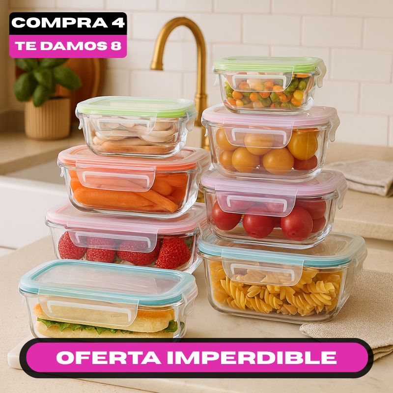 [¡Pagá 4 Llevá 8!] Set de Recipientes de Vidrio con Tapas Antiderrame + REGALO: Porta Condimentos – ¡Colores Vibrantes!