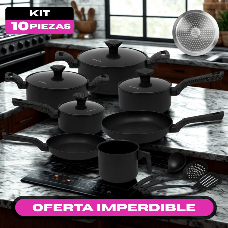 Kit Completo Almira de 10 Piezas de Acero Inoxidable con Recubrimiento Cerámico y Mangos de Madera